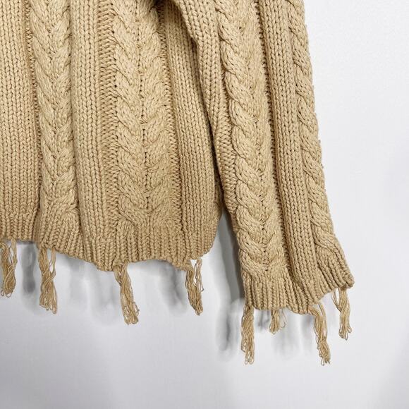 New Umgee Medium M Brown Sand Fringe Cableknit Crew Neck Sweater Pullover Cotton - Picture 5 of 9